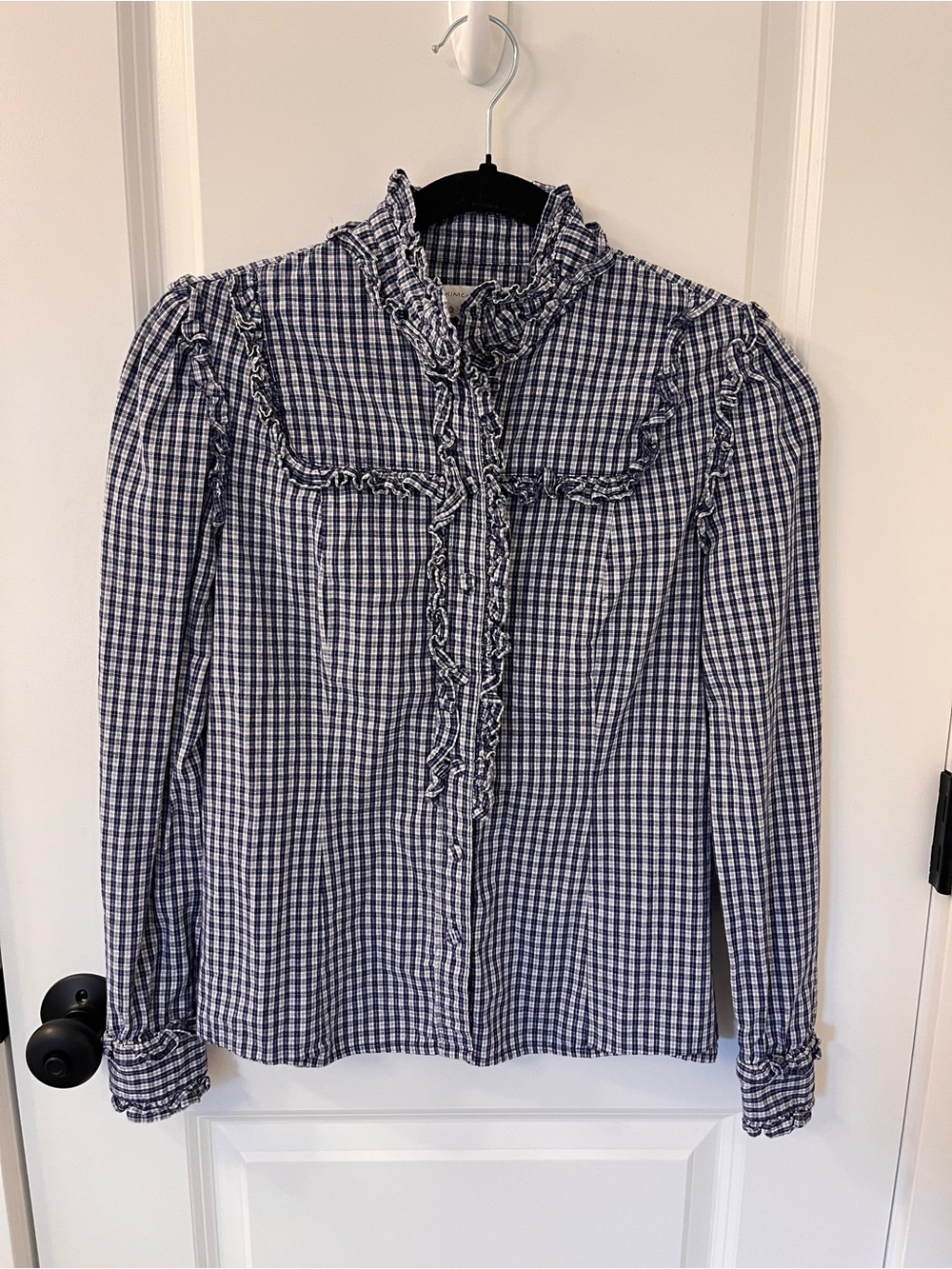 Kimchi Blue Navy and White Gingham Ruffle-Trim Button-Down Blouse